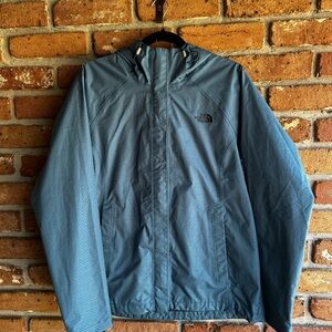 The North Face Blue Raincoat with Hood and Water-Resistant Fabric
